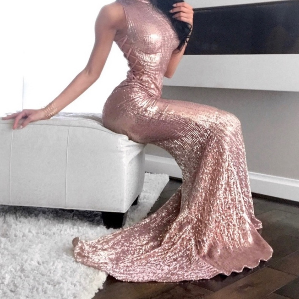 Rose gold sequin dress.